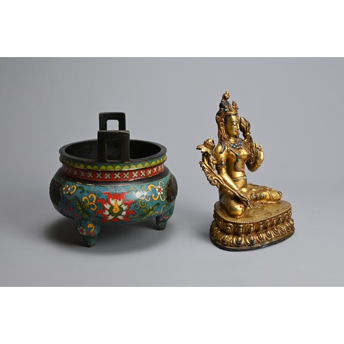 50 - A CHINESE BRONZE CLOISONNE ENAMEL TRIPOD CENSER AND TIBETAN GILT BRONZE FIGURE. The censer decorated... 