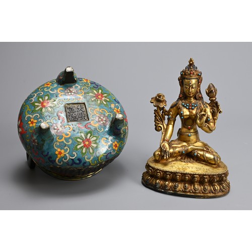 50 - A CHINESE BRONZE CLOISONNE ENAMEL TRIPOD CENSER AND TIBETAN GILT BRONZE FIGURE. The censer decorated... 