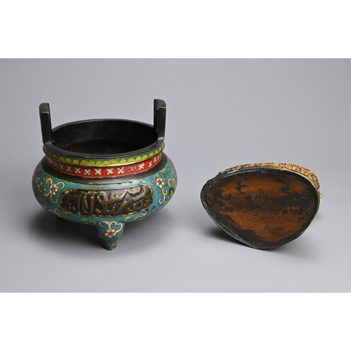 50 - A CHINESE BRONZE CLOISONNE ENAMEL TRIPOD CENSER AND TIBETAN GILT BRONZE FIGURE. The censer decorated... 