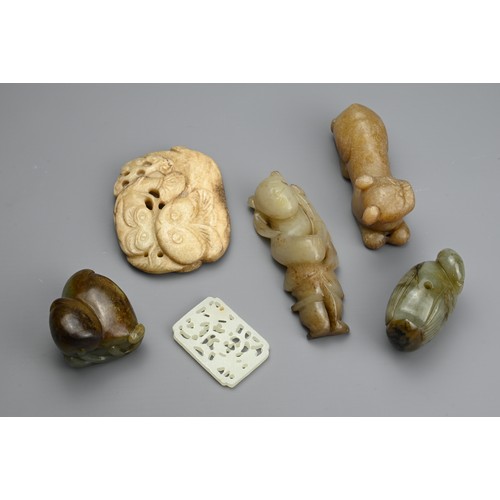 123 - SIX CHINESE JADE CARVINGS. Comprising: a pale jade plaque-shaped pendant, pierced with insects among... 