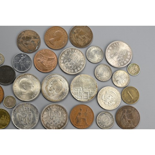 135 - A MIXED QUANTITY OF COINS AND TOKENS. From various countries to include three 1000 Yen and five 100 ... 