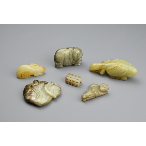 126 - SIX CHINESE CARVED JADE PENDANTS, Comprising: a calligraphic seal pendant, a pale jade rabbit, a cel... 