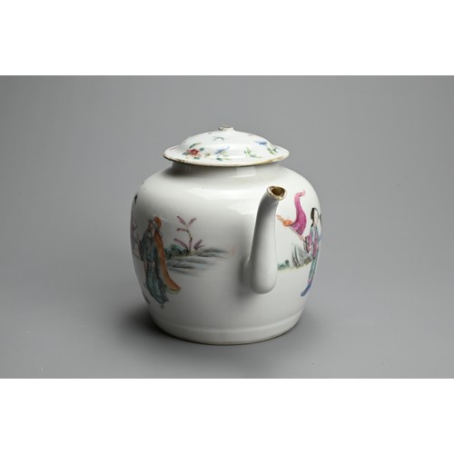 13 - A CHINESE FAMILLE ROSE PORCELAIN TEAPOT, LATE 19TH CENTURY. Decorated with various figures in landsc... 