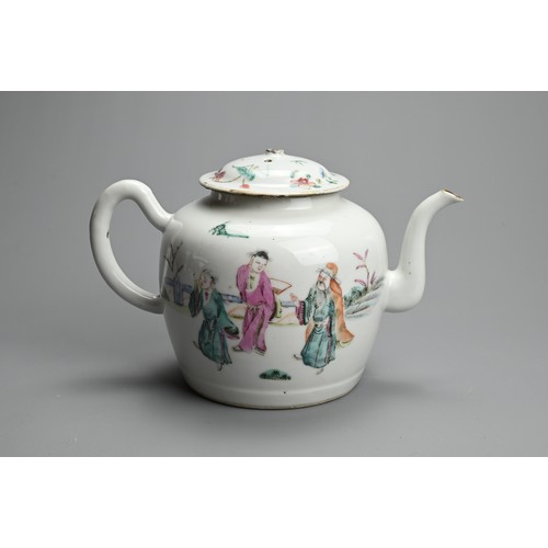 13 - A CHINESE FAMILLE ROSE PORCELAIN TEAPOT, LATE 19TH CENTURY. Decorated with various figures in landsc... 