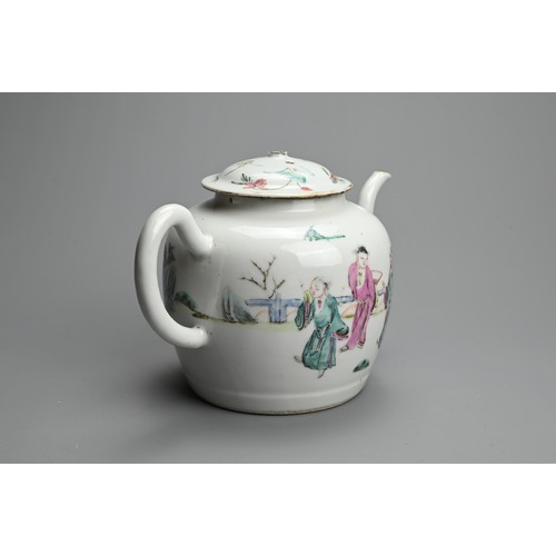 13 - A CHINESE FAMILLE ROSE PORCELAIN TEAPOT, LATE 19TH CENTURY. Decorated with various figures in landsc... 