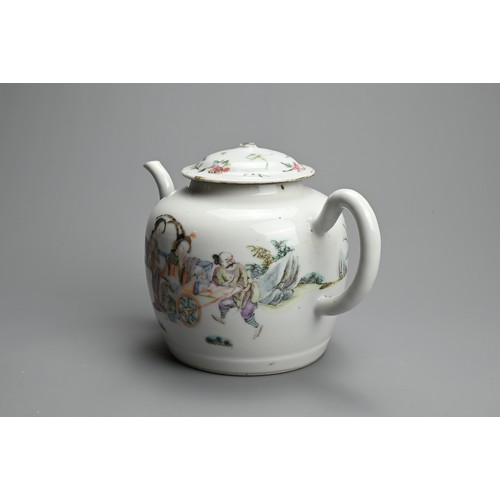 13 - A CHINESE FAMILLE ROSE PORCELAIN TEAPOT, LATE 19TH CENTURY. Decorated with various figures in landsc... 