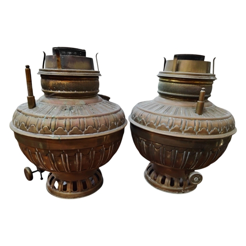 496 - LARGE PAIR OF MATCHING BRASS OIL LAMPS