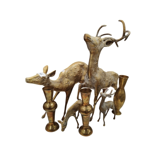 163 - 4 BRASS RAINDEER FIGURES AND 3 BRASS VASES