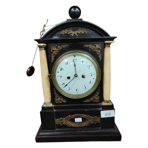 215 - REGENCY MANTLE CLOCK WITH MARBLE PILLARS & KEY/PENDULUM