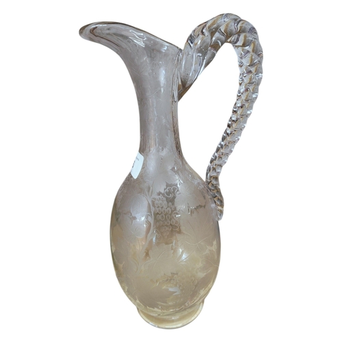 16 - VICTORIAN ETCHED GLASS CLARET JUG WITH BARLEY TWIST HANDLE