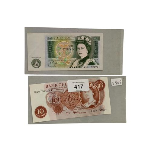 417 - BANK OF ENGLAND £1.00 NOTE & 10 SHILLING NOTE