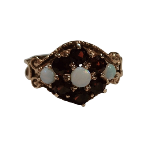 2 - 9CT GOLD OPAL AND GARNET RING 3G SIZE L