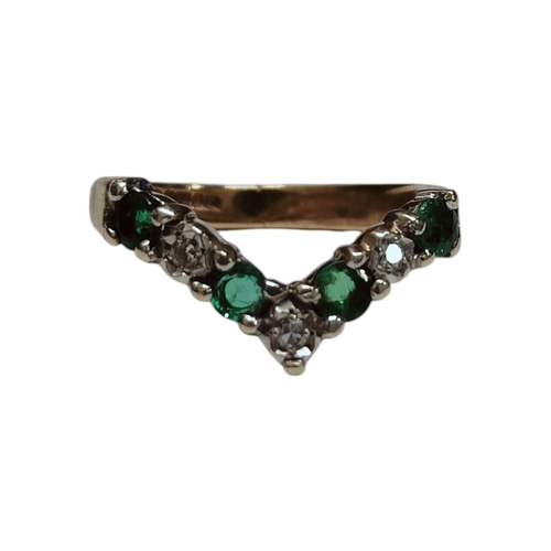 22 - 9CT YELLOW GOLD EMERALD AND DIAMOND WISHBONE RING 2.4G SIZE I