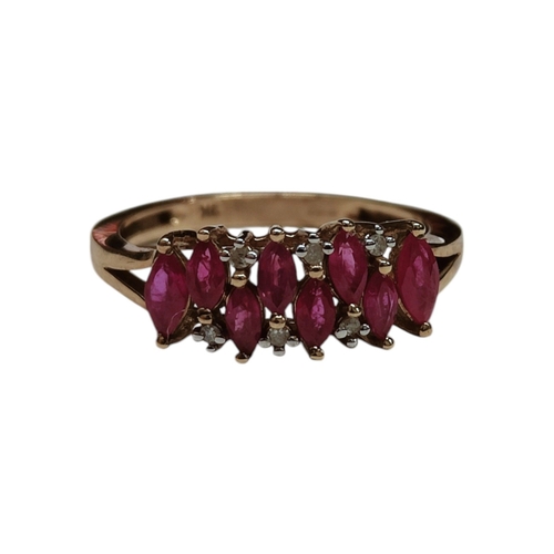 27 - 9CT YELLOW GOLD RUBY AND DIAMOND CLUSTER RING 2.3G SIZE O