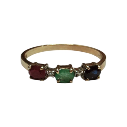 56 - 9CT YELLOW GOLD RUBY , EMERALD, SAPPHIRE AND DIAMOND RING 1.4G SIZE P