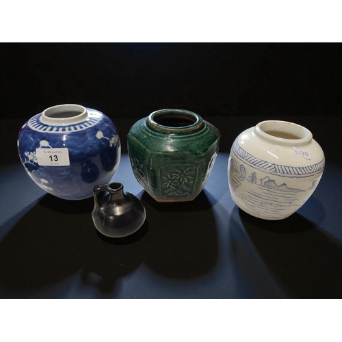 13 - 3 ORIENTAL POTS AND A SMALL POTTERY JUG
