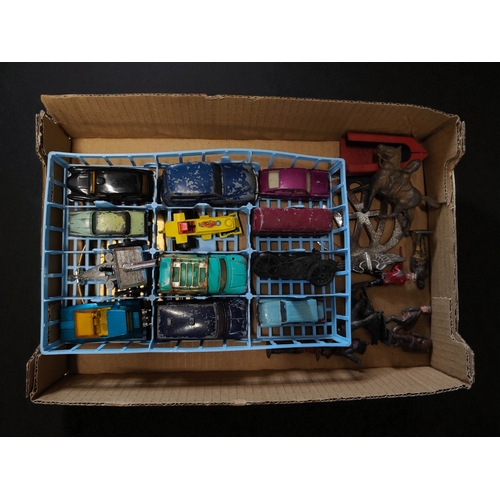 15 - BOX LOT OF MODEL CARS, AA BADGE AND LEAD SOLDIERS