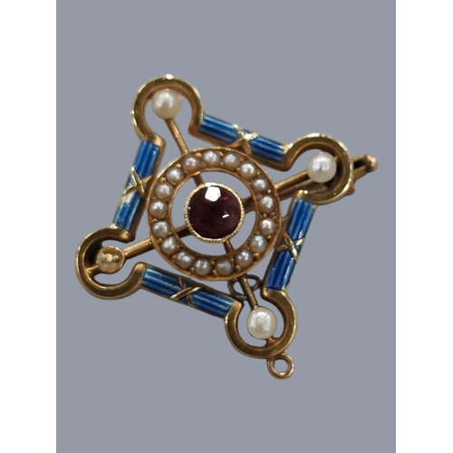 419 - 15 CARAT GOLD ENAMEL AND PEARL BROOCH
