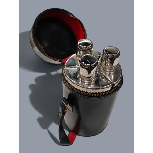 266 - TRIPLE GLASS HIP FLASK IN LEATHER CASE