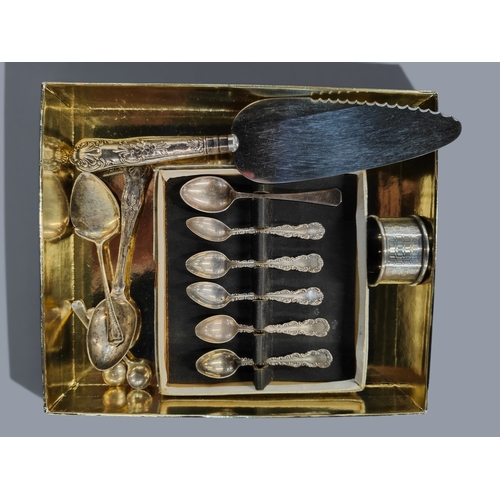 440 - SILVER SPOONS, NAPKIN RINGS AND SILVER HANDLE CAKE KNIFE