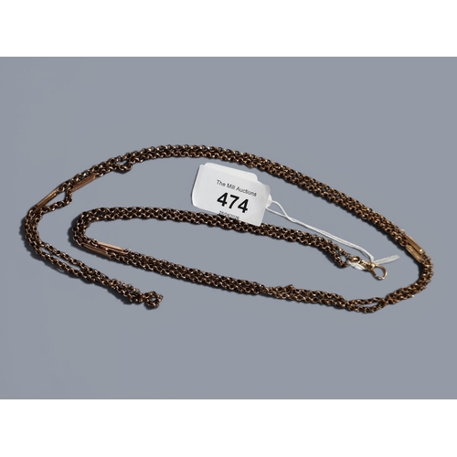 474 - LONG YELLOW METAL VICTORIAN GUARD CHAIN