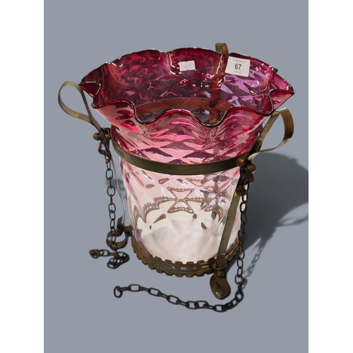 67 - LARGE VICTORIAN RUBY SHADE AND BRASS HANGER