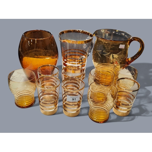 91 - QUANTITY OF AMBER GLASS / 2 LEMONADE SETS