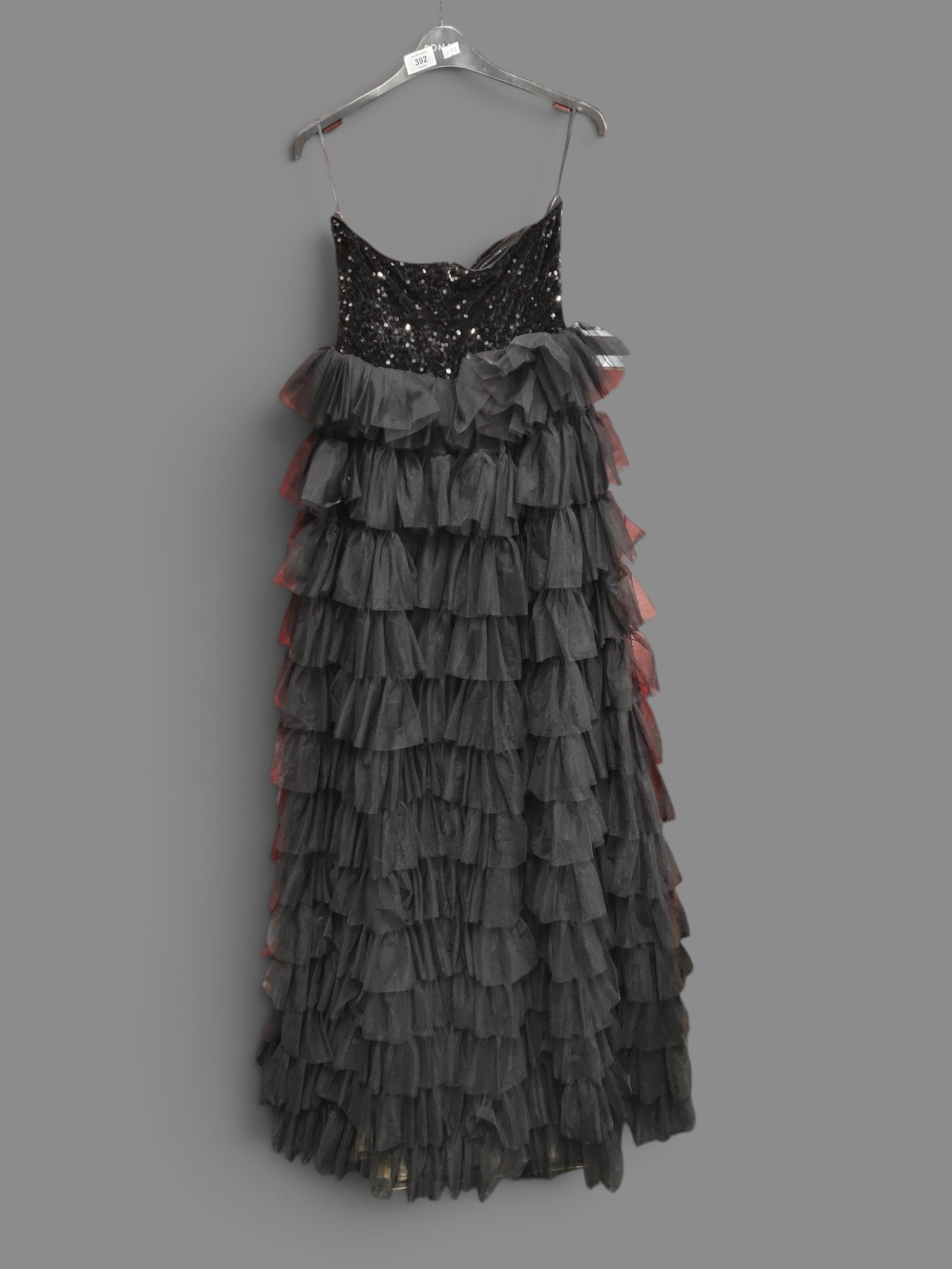 BLACK STRAPLESS SEQUINED BODICE TIERED TULLE MAXI DRESS