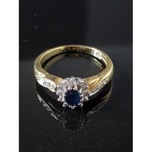 24 - LADIES 18CT YELLOW GOLD DIAMOND AND SAPPHIRE CLUSTER RING SIZE P1/2 GROSS WEIGHT 5G