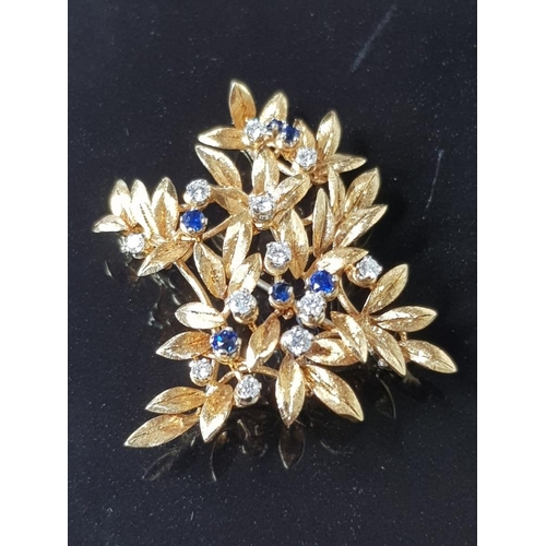 50 - 18CT YELLOW GOLD FLORAL ARRANGEMENT BROOCH WITH DIAMONDS AND SAPPHIRES 13g