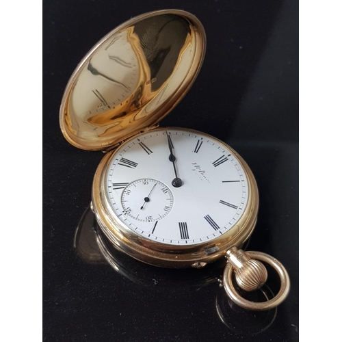 32 - 18CT GOLD HUNTER CASED CAROUSEL POCKET WATCH  BY WATCHMAKER J W BENSON 140G IN ORIGINAL BOX