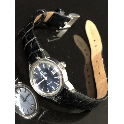 12 - LADIES STAINLESS STEEL OMEGA AUTOMATIC GENEVE WRIST WATCH WITH BLUE DIAL AND BLACK LEATHER STRAP - N... 