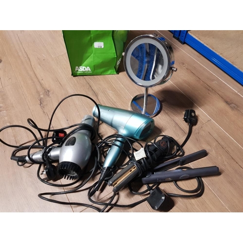 110 - BAG CONTAINING 2 HAIR DRYERS, MAGNIFYING MIRROR AND GHD HAIR STRAIGHTENERS