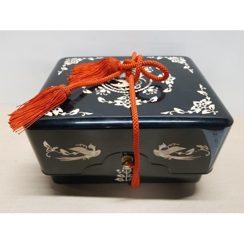 124 - ORIENTAL STYLE BLACK LACQUERED BOX WITH MOTHER OF PEARL INLAY