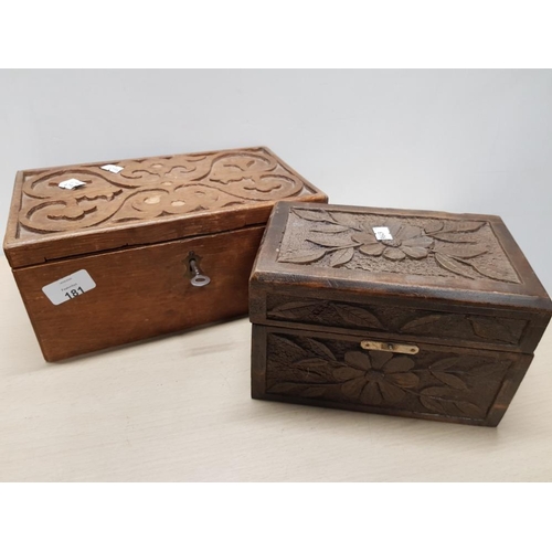 181 - 2 HAND CARVED WOODEN JEWELLERY BOXES ONE BY J.W.HOWD PLUS KEY