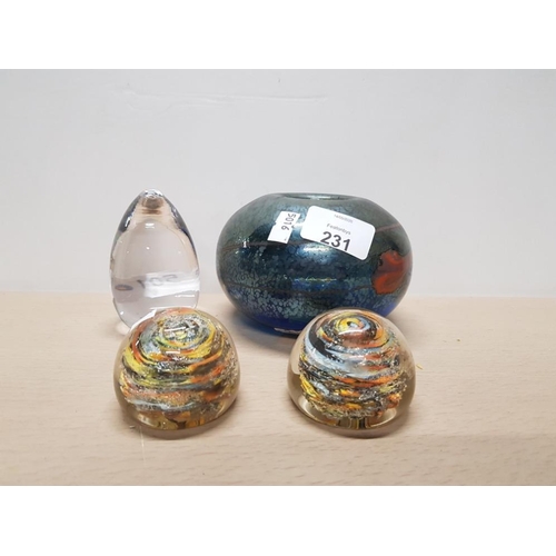 231 - 3 GLASS PAPERWEIGHT PLUS CELLO ART GLASS TEA LIGHT HOLDER