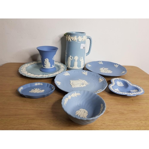 350 - 8 PIECES OF WEDGWOOD BLUE JASPER INC TALL JUG 3 PLATES 2 DISHES ETC