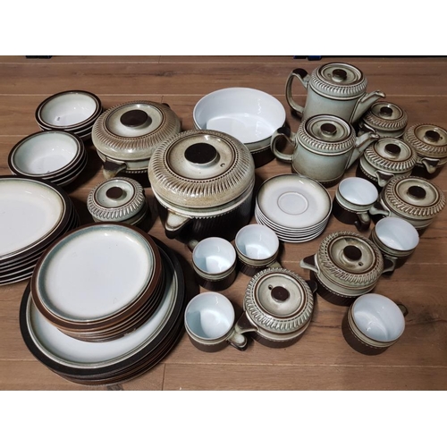 108 - 45 PIECE BROWN DENBY DINNERWARE AND TEA SET INCLUDES TEAPOTS AND TUREENS ETC