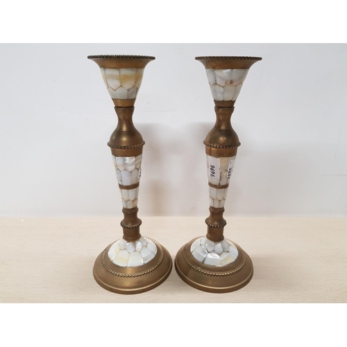 116 - PAIR OF INDONESIAN BRASS AND MOTHER OF PEARL CANDLE STICKS