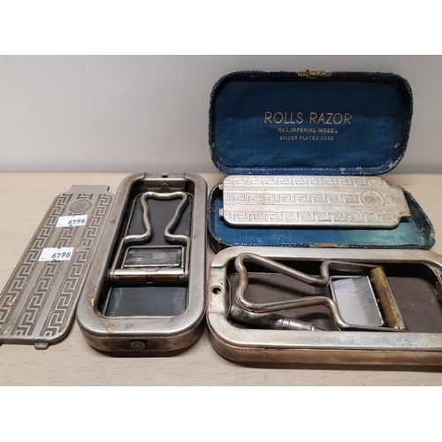 182 - 2 VINTAGE SILVER PLATED ROLLS RAZORS 1 WITH ORIGINAL CASE