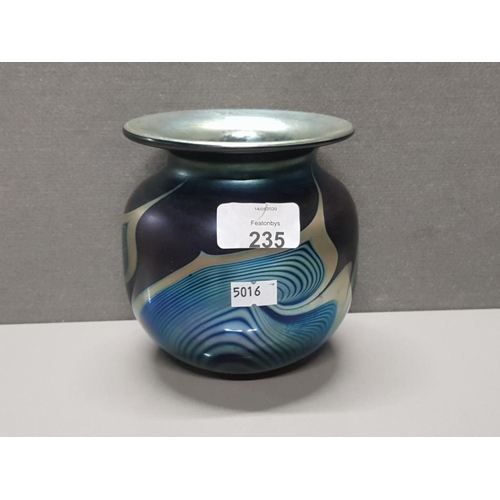 235 - IRIDESCENT PULLED FEATHER BLUE ART GLASS VASE