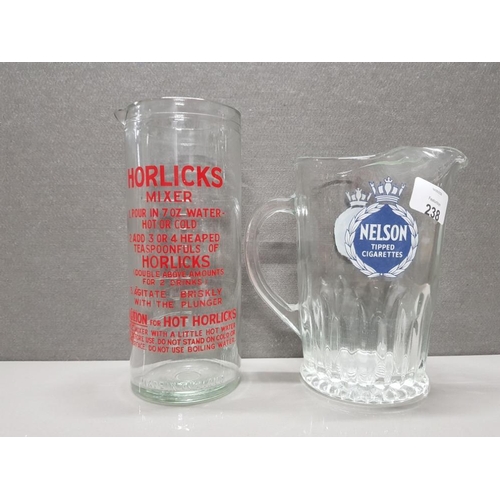 238 - 2 VINTAGE GLASS JUGS INCLUDES NELSON TIPPED CIGARETTES AND HORLICKS MIXER