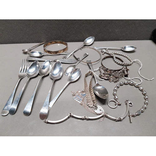 266 - BAG OF MISCELLANEOUS HALLMARKED SILVER INCLUDES CUTLERY BANGLES AND PADLOCK BRACELET 238G