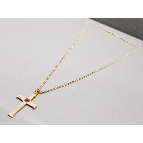 269 - 9CT GOLD CRUCIFIX ON CHAIN WITH PINK RUBY STONE GROSS WEIGHT 8.6G