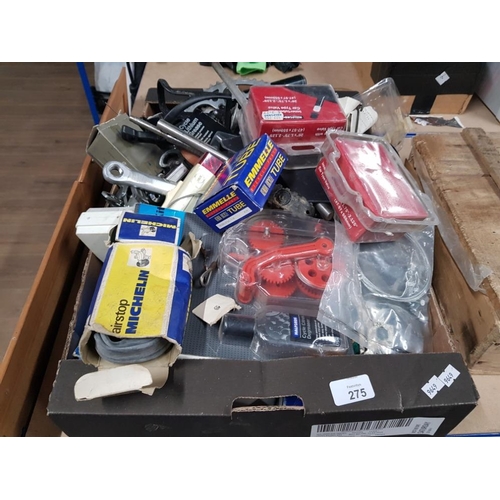 275 - A BOX OF ASSORTED TOOLS INC INNERTUBES AND OTHER BIKE PARTS