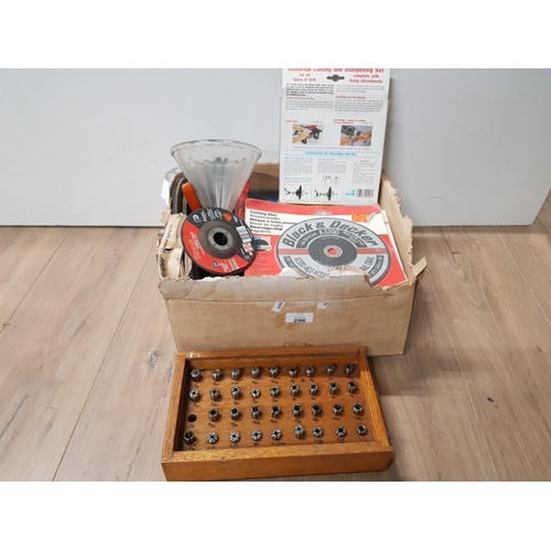 296 - A BOX OF MISCELLANEOUS TOOLS INC BLACK AND DECKER CUTTING DISCS AND SANDPAPER