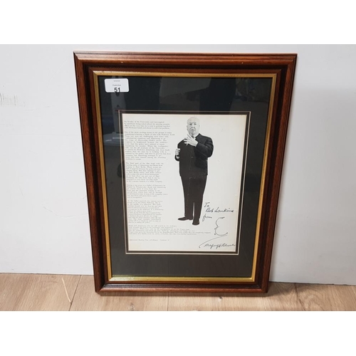 51 - ALFRED HITCHCOCKS SIGNATURE AND FAMOUS PEN/INK SILHOUETTE ILLUSTRATION FRAMED AND GLAZED A VERY RARE... 