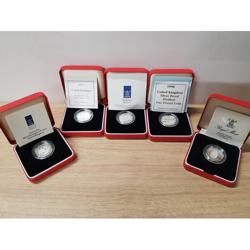 61 - 5 CASED UK PIEDFORT 1 POUND SILVER PROOF COINS