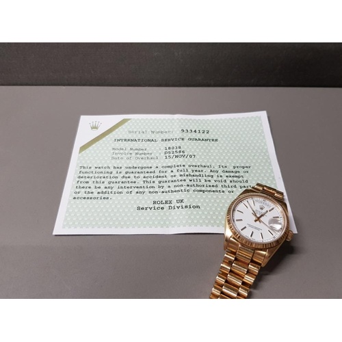 1 - ROLEX 18CT DAYDATE WATCH AUTOMATIC MOVEMENT WHITE DIAL FLUTED BEZEL AND PRESIDENT STRAP MODEL- 18038... 