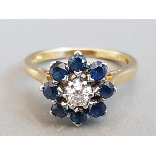 8 - 18CT GOLD DIAMOND AND SAPPHIRE CLUSTER RING 4.4G SIZE N